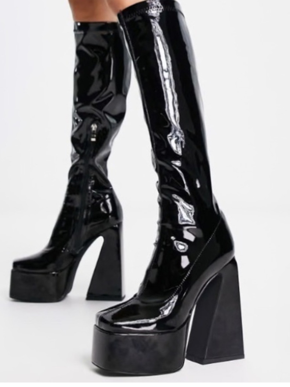 Simmi London Amani Black Patent Platform Knee-High Boots flare heel